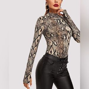 Snake Skin Long Sleeve Turtleneck Top Shirt Faux Snakeskin Onesie Bodysuit
